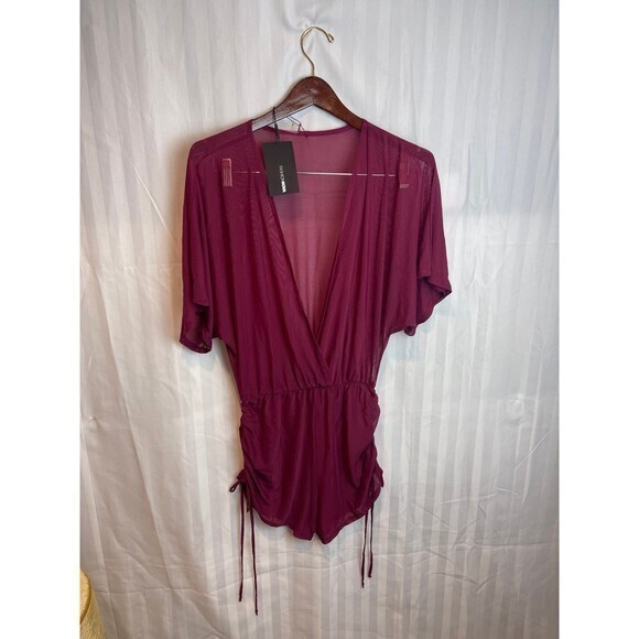 Versatile  Burgundy Beach Mesh Cover Up Ruched Short Romper Size S RefM021 - Picture 6 of 9